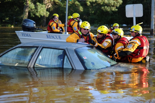 USAR teams evacuating survivors from a North Carolina neighborhood in the aftermath of Hurricane Matthew