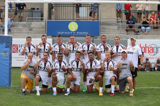 The 2016 Armed Forces Rugby Championship gold-medal team, the U.S. Army, poses after capturing their fourth straight Armed Forces crown defeating Air Force 55-5 in the championship match. (Photo by Steven Dinote)