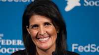In this Friday, Nov. 18, 2016 photo, South Carolina Gov. Nikki Haley smiles while speaking at the Federalist Society"s National Lawyers Convention in Washington