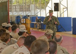 CAMP LEMONNIER, Djibouti (Dec. 10, 2011) - Master Chief Petty Officer of the Navy Rick D. West addresses questions from U.S. Navy Sailors at Camp Lemonnier, Djibouti, December 10. West, the 12th MCPON, visited the camp to meet and interact with Sailors as well as discuss current issues affecting them, such as retention, warfare qualifications and career progression.  (U.S. Navy photo by Petty Officer 2nd Class Jeremy S. Brandt)