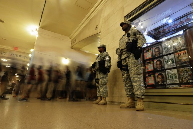 NEW YORK, NY - Sergeant Boubacar Bathily and Specialist Samantha Liverpool, both members of Joint Task Force Empire Shield ramp up operations at Grand Central Station on September 20, 2016 following the recent bombings in Manhattan and New Jersey.

Joint Task Force Empire Shield's primary goal is to detect, deter, and prevent potential terrorist operations in the New York City Metropolitan Area. Security operations are implemented daily through pre-planned programs using a random and strategic methodology. Joint Task Force Empire Shield is designed to respond to a wide range of incidents. By developing a highly trained force in incident response and command, the Task Force prepares for domestic emergencies caused by humans or natural phenomena using lessons learned and best practices.