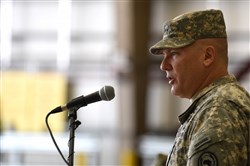 U.S. Army Maj. Gen. Mark Stammer, departing Combined Joint Task Force-Horn of Africa commanding general, speaks at a change of command ceremony April 13, 2016, at Camp Lemonnier, Djibouti. Stammer arrived at CJTF-HOA a year ago and will now be the deputy commander of the I Corps at Joint Base Lewis-McChord, Wash. (U.S. Air Force photo by Staff Sgt. Kate Thornton/Released)