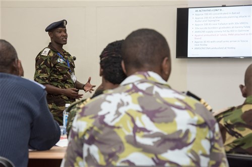 Kenyan Defense Force Maj. David Nzuve, Africa Contingency Operations Training & Assistance (ACOTA) African Union Mission in Somalia (AMISOM) Force Headquarters training course attendee, briefs command staff officers during a culmination exercise at the International Peace Support Training Center in Nairobi, Kenya, Aug. 26, 2015. The course was designed to prepare staff officers from AMISOM contributing countries for possible assignment to AMISOM Force Headquarters as a part of the command staff there, and as staff members the officers were asked to prepare daily briefings regarding the day’s events. (U.S. Air Force photo by Staff Sgt. Nathan Maysonet/released) 