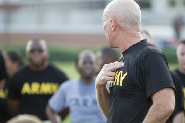 Lt. Gen. Charles D. Luckey, the 33rd Chief of Army Reserve and 8th Commanding General U.S. Army Reserve Command, meets with Soldiers assigned to Headquarters and Headquarter Company, USARC, after an early-morning run around North Post on Fort Bragg, N.C., on July 6, 2016. Luckey spent several minutes talking to Soldiers and closed out the formation with the Soldiers' Creed. Luckey was sworn in June 30, 2016 as the senior leader for nearly 200,000 Army Reserve Soldiers across all 50 states and U.S. territories. (Army Photo by Master Sgt. Mark Bell / Released)