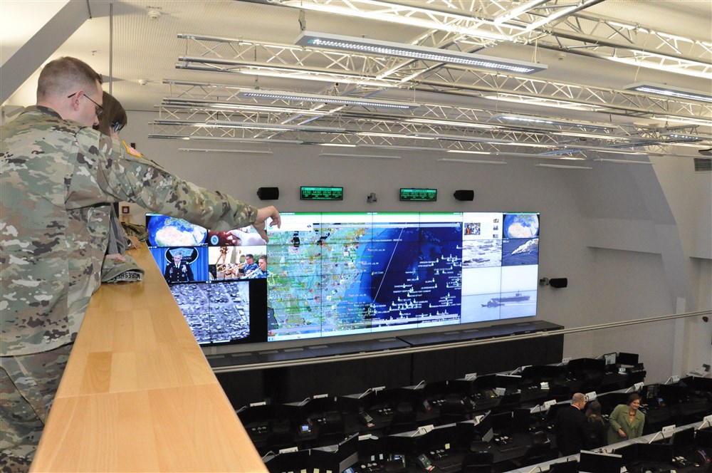 From the catwalk – AFRICOM staff get a bird’s eye view inside AFRICOM’s new joint operations center during open house event, Feb. 5, 2016, U.S. Army Garrison Stuttgart, Germany. (U.S. Africa Command photo by Brenda Law/RELEASED)