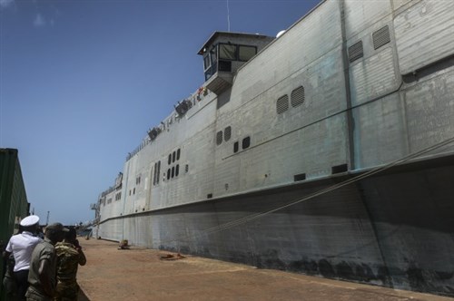 150406-N-RB579-025 PORT GENTIL, Gabon (April 6, 2015) The Military Sealift Command’s joint high-speed vessel USNS Spearhead (JHSV 1) moored in Port Gentil, Gabon April 6, 2015. Spearhead is on a scheduled deployment to the U.S. 6th Fleet area of operations in support of the international collaborative capacity-building program Africa Partnership Station. (U.S. Navy photo by Mass Communication Specialist 1st Class Joshua Davies/Released)