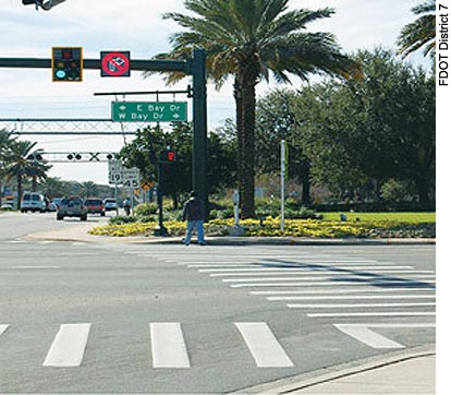 This illuminated sign at an intersection in Florida’s District 7 was one of the improvements that resulted from the district’s safety program for local roads. Improved sign visibility is particularly important for irregular traffic regulations, such as this one disallowing right turns.