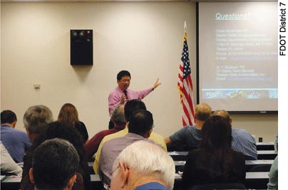 At District 7’s 2014 safety summit, Peter Hsu, safety engineer with the district, explains how to apply for FHWA funds.