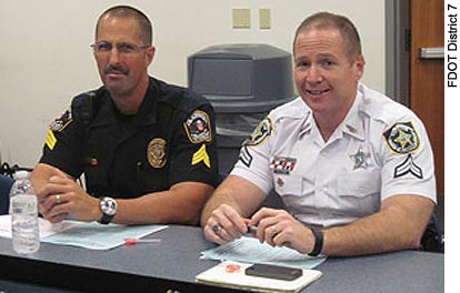(L-R): Sergeant George Edmiston, supervisor with the Largo Police Traffic Safety Unit, and Corporal Timothy Craig, supervisor with the Hillsborough County Sheriff’s Office Traffic Unit, participate in the 2014 summit.