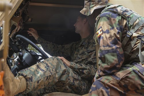 U.S. Marines with Special-Purpose Marine Air-Ground Task Force Crisis Response-Africa, train members of the Uganda People’s Defense Force on Mine-Resistant, Ambushed-Protected Vehicles, or MRAPs, at Camp Singo, Uganda, Nov. 3, 2015. Marines and sailors with SPMAGTF-CR-AF are training with the UPDF to increase engineering and logistical capabilities while strengthening the bonds between the partner countries. (U.S. Marine Corps photo by Cpl. Olivia McDonald/Released)