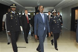 Senegalese Minister of the Interior, Abdoulaye Daouda DIALLO (center) arrives for the opening ceremony of the Republic of Senegal Disaster Preparedness and Response Exercise in Dakar, Senegal, 2 June. The event represented a successful collaboration among international and interagency organizations, with the Government of Senegal hosting an event sponsored by U.S. Africa Command and executed by the Center for Disaster and Humanitarian Assistance Medicine. (U.S. Africa Command photo by Petty Officer First Class D. Keith Simmons)