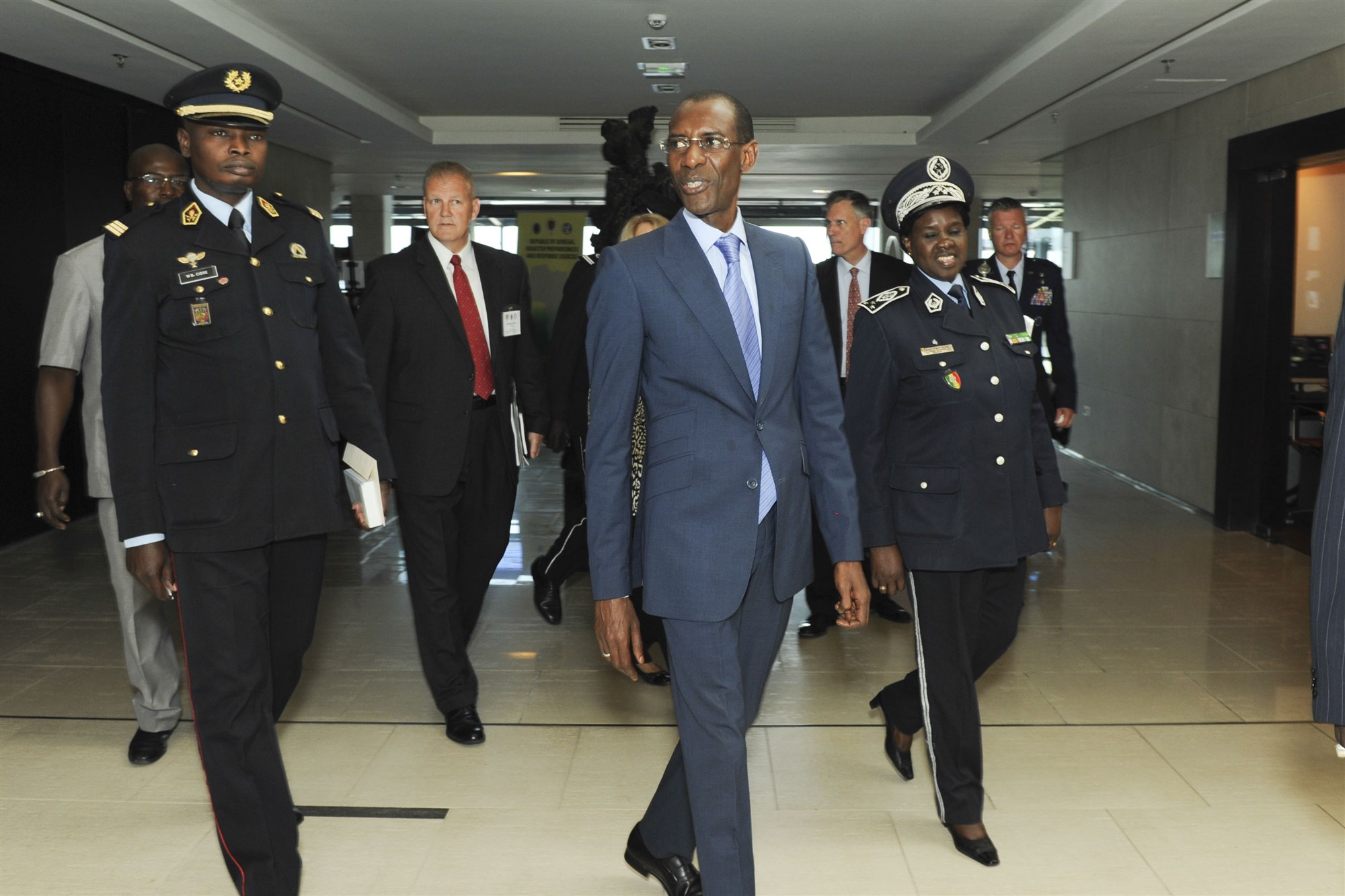 Senegalese Minister of the Interior, Abdoulaye Daouda DIALLO (center) arrives for the opening ceremony of the Republic of Senegal Disaster Preparedness and Response Exercise in Dakar, Senegal, 2 June. The event represented a successful collaboration among international and interagency organizations, with the Government of Senegal hosting an event sponsored by U.S. Africa Command and executed by the Center for Disaster and Humanitarian Assistance Medicine. (U.S. Africa Command photo by Petty Officer First Class D. Keith Simmons)