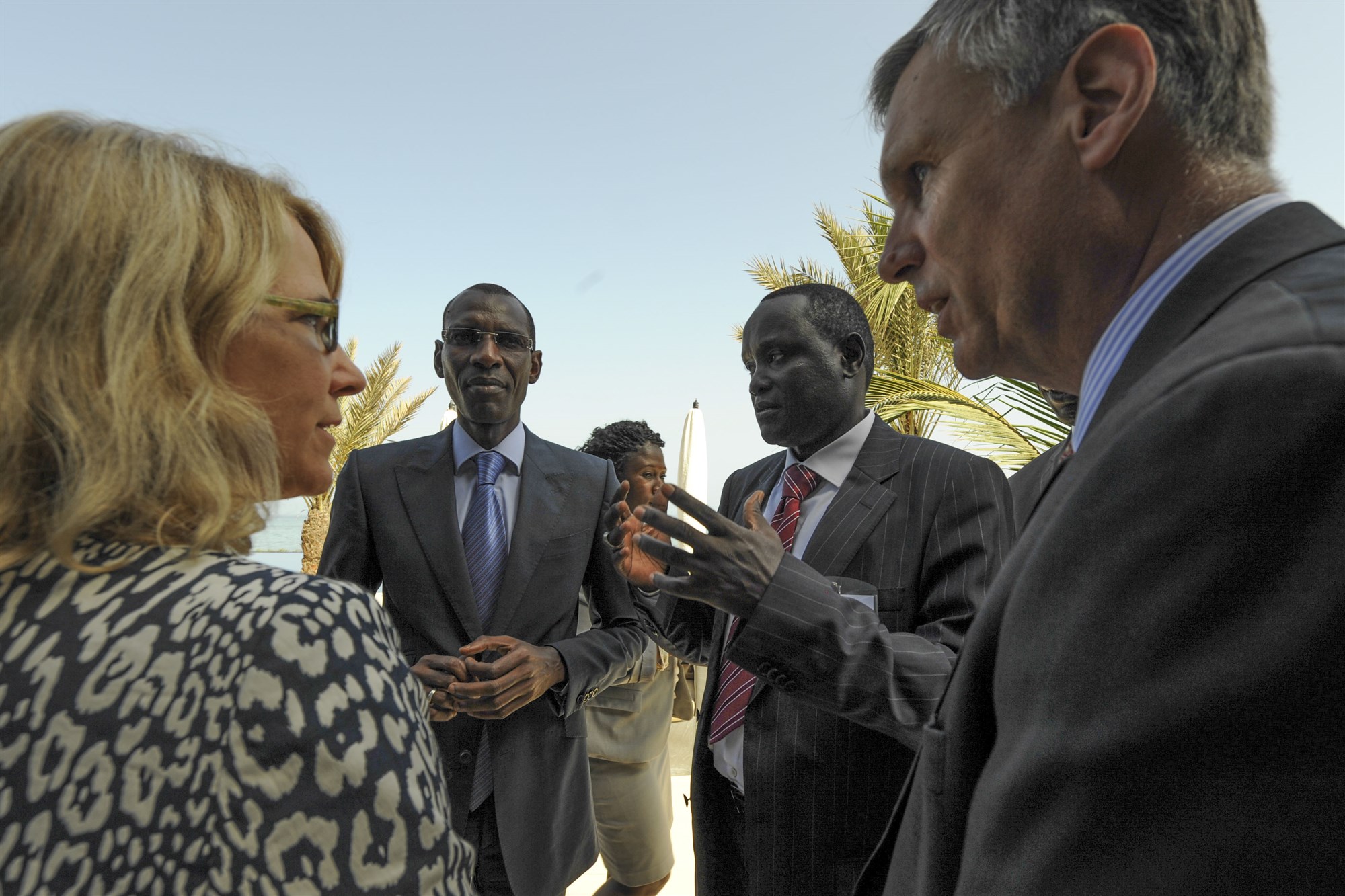 U.S. Agency for International Development Mission Director for Senegal, Susan Fine (left), Senegalese Minister of the Interior, Abdoulaye Daouda DIALLO (center left), Senegalese Director of Civil Protection, Dame GAYE (center right), and U.S. Africa Command Chief of Humanitarian and Health Activities, Michael Hryshchyshyn (right) discuss the plans for the week after the opening ceremony of the Republic of Senegal Disaster Preparedness and Response Exercise in Dakar, Senegal, 2 June. The event represented a successful collaboration among international and interagency organizations, with the Government of Senegal hosting an event sponsored by U.S. Africa Command and executed by the Center for Disaster and Humanitarian Assistance Medicine. (U.S. Africa Command photo by Petty Officer First Class D. Keith Simmons)