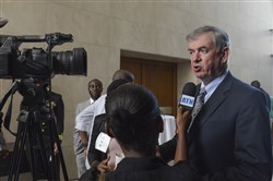 Center for Disaster and Humanitarian Assistance Medicine Exercise Director, LTG (Ret.) Joseph Inge, speaks to the local press after the opening ceremony of the Republic of Senegal Disaster Preparedness and Response Exercise in Dakar, Senegal, 2 June. The event represented a successful collaboration among international and interagency organizations, with the Government of Senegal hosting an event sponsored by U.S. Africa Command and executed by the Center for Disaster and Humanitarian Assistance Medicine. (U.S. Africa Command photo by Petty Officer First Class D. Keith Simmons)