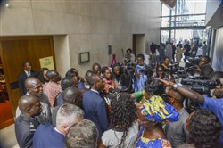 Senegalese Minister of the Interior, Abdoulaye Daouda DIALLO speaks to the local press after the opening ceremony of the Republic of Senegal Disaster Preparedness and Response Exercise in Dakar, Senegal, 2 June. The event represented a successful collaboration among international and interagency organizations, with the Government of Senegal hosting an event sponsored by U.S. Africa Command and executed by the Center for Disaster and Humanitarian Assistance Medicine. (U.S. Africa Command photo by Petty Officer First Class D. Keith Simmons)