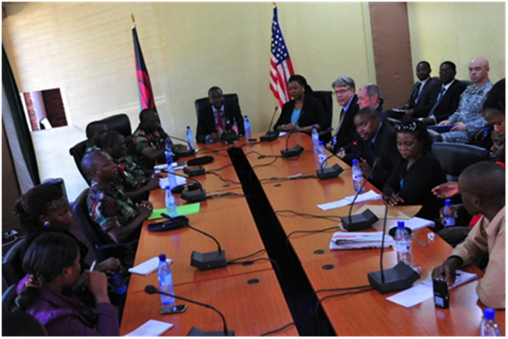 Dignitaries from the U.S. and Malawian governments held a press conference with members of local media to discuss the successful conclusion of Exercise Epic Guardian 2013 at the Ministry of Information in Lilongwe, Malawi, on May 17. Key personnel included the U.S. State Department Public Affairs Officer, Nicole Thompson, the Malawian Director of Information, Mr. Grey Mang’anda, and key leaders from the Malawian Defense Forces and police services, who gave brief statements before answering questions. (U.S. Air Force photo by Master Sgt. Larry W. Carpenter Jr.)