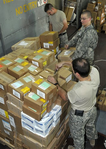 KINSHASA, Democratic Republic of Congo - Members of the 814th Area Support Medical Company, Bismarck and Grand Forks, North Dakota sort through medical supplies in preparation for MEDFLAG 10. Participants arrived in Kinshasa, Democratic Republic of Congo to prepare for MEDFLAG 10, a joint medical exercise focused on humanitarian assistance scheduled for September 6-18, 2010 in Kinshasa. (U.S. Army Africa photo)