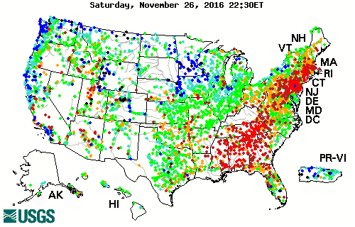 Stream gage levels in The United States, relative to 30 year average.