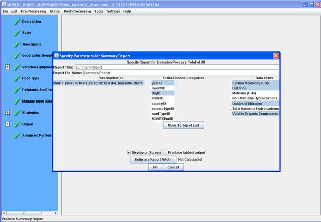 Screenshot depicting the various parameters available for selection in generation of an output post-processing summary report.