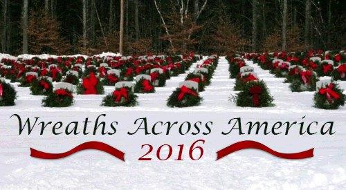 Wreaths lay on headstones in a national cemetery, Wreaths Across America 2016
