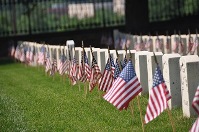 Flags and headstone rows at Loudon Park National Cemetery, Baltimore.