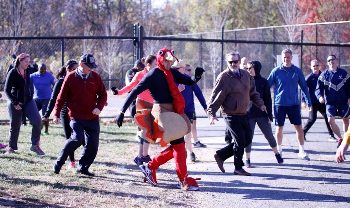 Air Force Lt. Col. William Malloy, military assistant to the deputy director of DHA, joined in on the fun and provided motivation to fellow participants by dressing as a turkey for the race. 