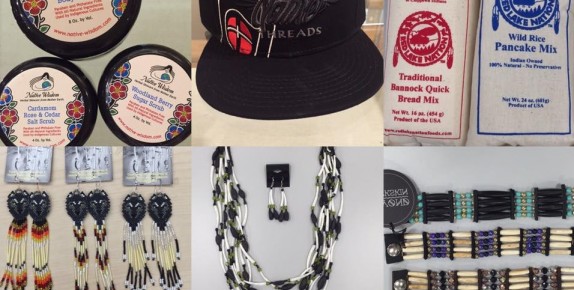 9 images of hats, flour, beads and garments for sale at the CIMCC Museum Store.