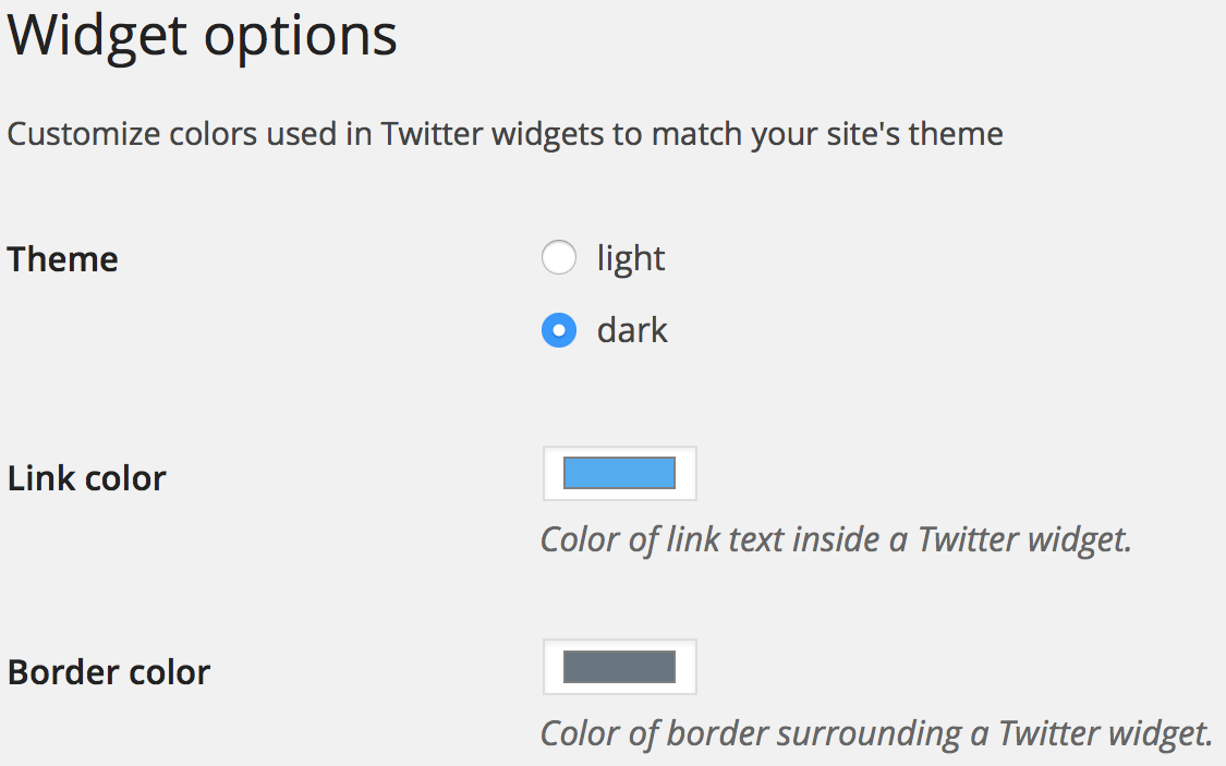 Twitter widget options administrative interface example