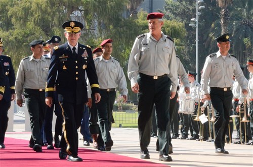 Israeli military soldiers and band members welcome Gen. Martin E. Dempsey, Chairman of the Joint Chiefs of Staff to Tel Aviv, Israel, Oct. 29, 2012.