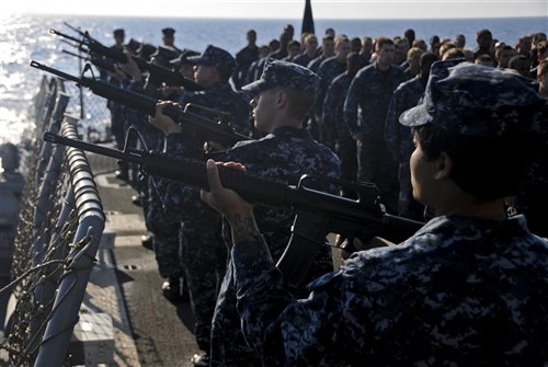 MEDITERRANEAN SEA (May 30, 2011) - Sailors assigned to the firing detail aboard the Ticonderoga-class guided-missile cruiser USS Monterey (CG 61) perform a 21-gun salute during a Memorial Day ceremony. Monterey is homeported out of Norfolk and is supporting maritime security operations and theater security cooperation efforts in the U.S. 6th Fleet area of responsibility. (U.S. Navy photo by Mass Communication Specialist 2nd Class Daniel Viramontes/Released)