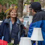 Hoboken, N.J., Nov. 1, 2012 -- FEMA Community Relations team member Nancy Evans talks with a cleanup volunteer from Hoboken Grace Church. FEMA is working with many partners and organizations to provide assistance to residents affected by Hurricane Sandy.  Photo by Liz Roll/FEMA