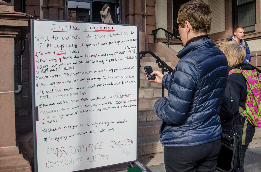 Hoboken, N.J., Nov. 1, 2012 -- A message board outside City Hall displays information for residents affected by Hurricane Sandy. Most still have no power and no access to news or other important information. Photo by Liz Roll/FEMA