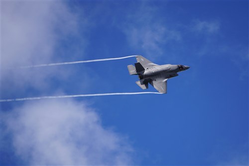 An F-35B Lightning II performs an aerial demonstration at the Farnborough International Air Show, July 17, 2016. Held every two years, the air show represents a unique opportunity for the U.S., along with other military allies, to showcase its leadership in aerospace technologies while supporting various armament procurement competitions taking place throughout Europe. (U.S. Air Force photo by Master Sgt. Eric Burks/Released)