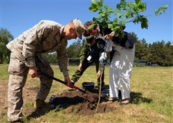 PALANGA, Lithuania – U.S. Marine Col. Gregory Douquet, chief of staff, Marine Forces Europe, (left) and U.S. Ambassador to Lithuania Anne Derse (right) plant a ceremonial oak tree during Baltic Operations (BALTOPS) 2012, June 11. This is the 40th iteration of BALTOPS, a maritime exercise intended to improve interoperability with partner nations by conducting realistic training at sea. 