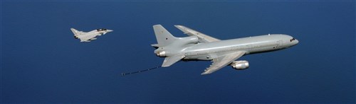 NORTH SEA – A Royal Air Force Eurofighter Typhoon flies off the tail of an RAF L-1011 TriStar aerial refueling tanker from 216 Squadron, RAF Brize Norton, during a formation flight Aug. 16, 2012. The formation included the TriStar and a U.S. Air Force KC-135 from the 100th Air Refueling Wing, RAF Mildenhall, and was flown to better familiarize NATO tanker aircrews with their partner nations’ air refueling procedures. 
