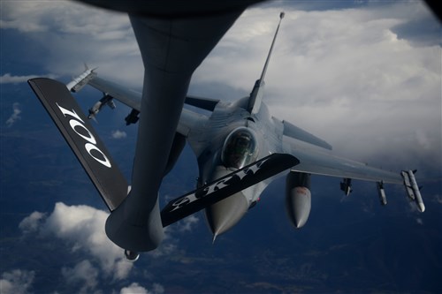 An F-16 Fighting Falcon from the 31st Fighter Wing, Aviano Air Base, Italy, approaches for air refueling from a KC-135 Stratotanker from the 100th Air Refueling Wing, RAF Mildenhall, England, March 4, 2015, during Exercise Iron Hand over southern France. Through forward presence and ready forces, U.S. Air Forces in Europe – Air Forces Africa executes missions in support of regional and global operations to provide global vigilance, global reach and global power for national objectives across an area spanning 104 countries. (U.S. Air Force photo by Senior Airman Kate Maurer/Released)