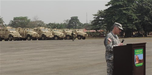 U.S. donates 24 Armored Personnel Carriers to Nigeria: U.S. Defense Attaché to Nigeria Colonel Patrick Doyle delivers remarks during the hand-over ceremony of 24 mine-resistant armor-protected (MRAP) vehicles to Nigeria’s military authorities in Lagos, Jan. 7, 2016. (Photo Credit: U.S. Consulate General Lagos)      