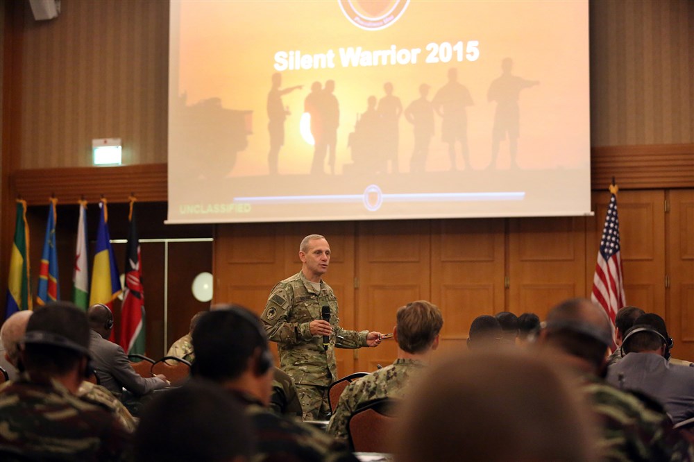 U.S. Army Brig. Gen. Donald Bolduc, Special Operations Command – Africa Commander, addresses U.S. and African participants at exercise Silent Warrior 16, held from Nov. 9-13, in Garmisch, Germany. Silent Warrior 16 brought together Special Operations Forces and representatives from 19 African states to discuss cooperative strategies to combat violent extremist organizations in the region.
(Special Operations Command Africa photo by Sgt. 1st Class Anthony L. Taylor/Released)
