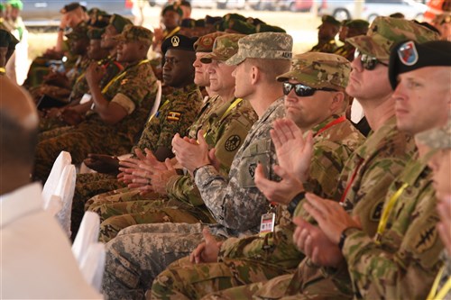 DAR ES SALAAM, Tanzania – Eastern Accord 2016 participants attend the command post exercise Opening Ceremony at the Tanzanian Peacekeeping Training Centre on July 11, 2016 in Dar es Salaam, Tanzania. EA16 is an annual, combined, joint military exercise that brings together partner nations to practice and demonstrate proficiency in conducting peacekeeping operations. (U.S. Air Force photo by Staff Sgt. Tiffany DeNault/Released)