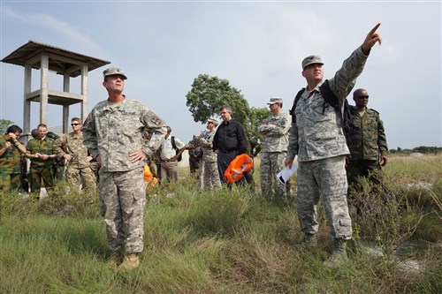 Air Force Lt. Col. Michael Sheldon briefs planners from the U.S., Gabonese, and 14 African and European partner nations during a survey trip Dec. 9 to Point Denis, Libreville, Gabon, for the main planning event of Central Accord 2016. Central Accord is an annual exercise that brings together partner nations to demonstrate mission command proficiency for a United Nations peacekeeping operation, improve multi-echelon operations and develop multinational logistical and communications capabilities.