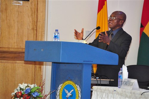 Ebenezer Dosoo, deputy national coordinator for the National Disaster Management Organization of Ghana, gives remarks during the closing ceremony of the West Africa Disaster Preparedness Initiative Way Forward conference in Accra, Ghana Dec. 7-10. 