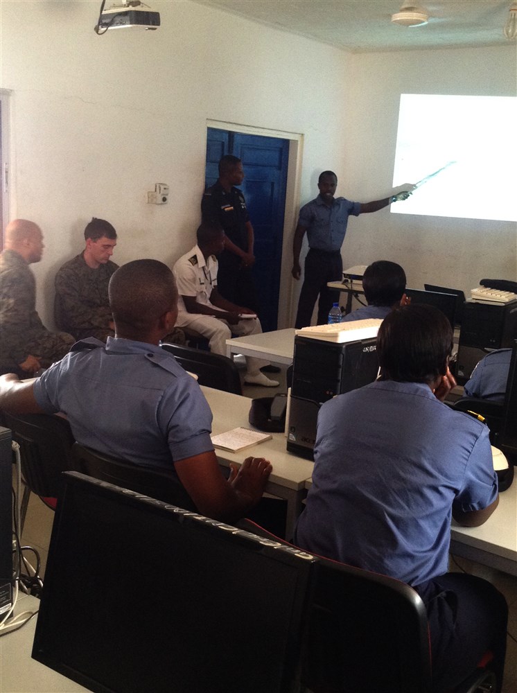 U.S. service members recently completed the second module of Tactical Intelligence Support to Maritime Operations course for the Ghanaian Navy and Maritime Police Force, Dec. 7-18, at Ghana’s Eastern Naval Command Headquarters here. This course has already paid dividends, according to Foster Kotoku, the Ghanaian Maritime Police Force assistant superintendent. During the two-week course, students from the Ghanaian Maritime Police Force seized an undisclosed amount of illicit drugs from a smuggler on a ferry. With follow-on questioning, the police forces were led to a higher connection in the drug trade.