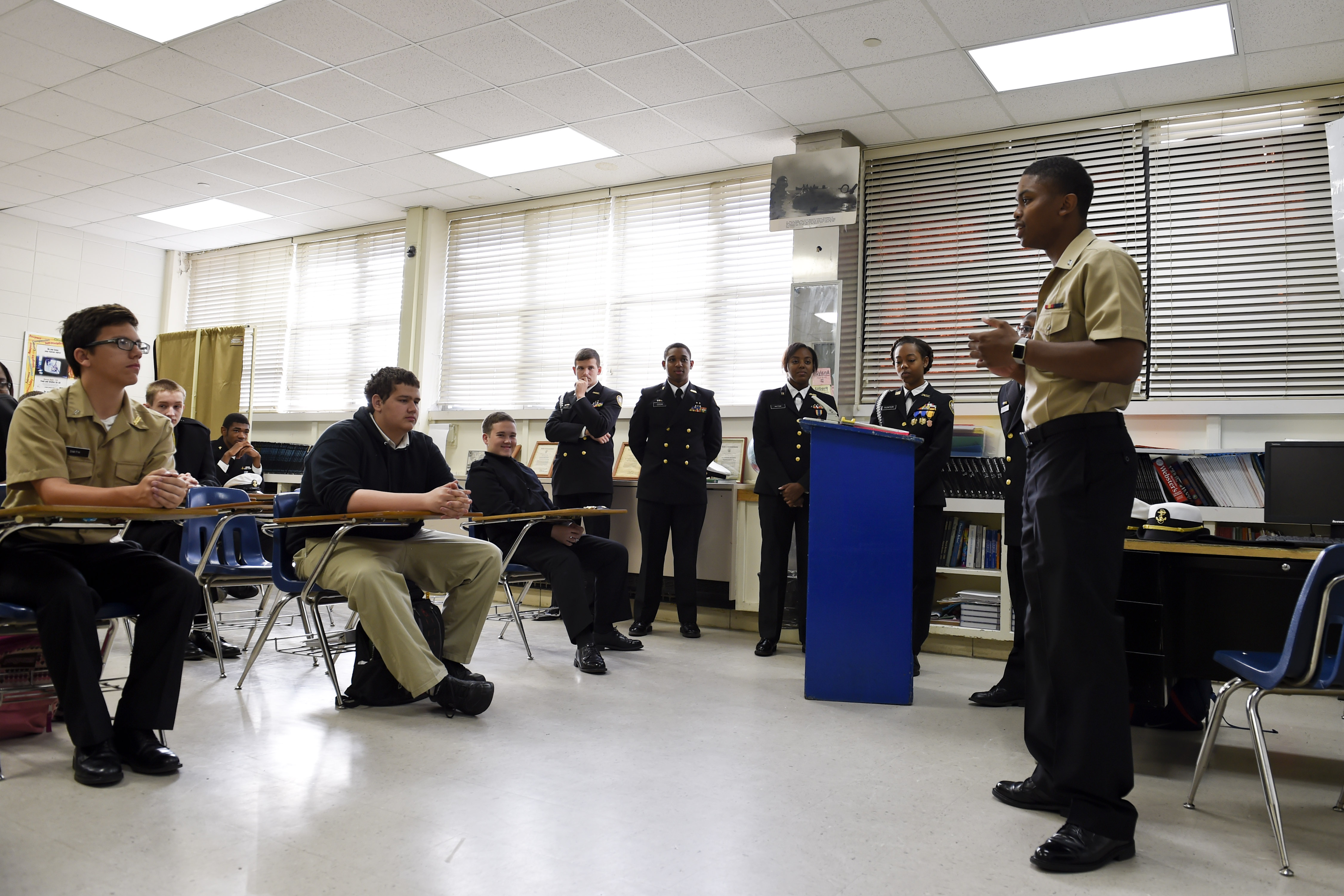 PENSACOLA, Fla. (Nov. 10, 2016) Seaman Montrez Leatherwood speaks to Naval Junior Reserve Officers Training Corps students at W.P. Davidson High School in Mobile, Ala. Leatherwood, who is currently an information systems technician "A" school student at Information Warfare Training Command Corry Station, graduated from W.P. Davidson earlier this year and was a cadet in the unit for four years. He returned to the school to share his experiences in the Navy with his former classmates. U.S. Navy photo by Petty Officer 3rd Class Taylor L. Jackson.