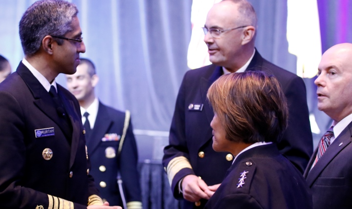 Dr. Vivek Murthy (left), U.S. Surgeon General, chats with (clockwise from top) Navy Vice Adm. Forrest Faison, Navy surgeon general; Dr. Richard Thomas, president at the Uniformed Services University of the Health Sciences; and Navy Vice Adm. Raquel Bono, director, Defense Health Agency, before a session at the AMSUS (The Society of Federal Health Professionals) 2016 meeting on Nov. 30, 2016, at National Harbor near Washington, D.C.