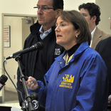 Bridgeport, Conn., Nov. 3, 2012 --Administrator of the Small Business Administration Karin Mills joins Connecticut Governor Dan Patrick Malloy in answering questions from the media at the Bridgeport Disaster Recovery Center.  The Small Business Administration provides low-interest loans to businesses and individuals suffering damages in disasters.  Photo by Marilee Caliendo/FEMA