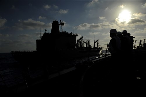 MEDITERRANEAN SEA - Sailors stand by on the forecastle as the guided-missile destroyer USS Jason Dunham (DDG 109)
approaches the Military Sealift Command fleet-replenishment oiler USNS John Lenthall (T-AO 189) for an underway replenishment. Jason Dunham is on a scheduled deployment in support of maritime security operations and theater
security cooperation efforts in the U.S. 6th Fleet area of responsibility.