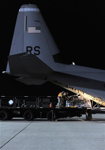 SPANGDAHLEM AIR BASE, Germany (March 20, 2011) - Airmen load pallets of cargo into a C-130J Super Hercules in support of Joint Task Force Odyssey Dawn (JTF OD). JTF OD is the U.S. Africa Command task force established to support the larger international response to the unrest in Libya.  A broad coalition of nations are partnering to enforce U.N. Security Council Resolution (UNSCR) 1973, which authorizes all necessary means to protect civilians in Libya under threat of attack by Qadhafi regime forces.  JTF Odyssey Dawn is commanded by Adm. Samuel J. Locklear, III. (U.S. Air Force photo/Senior Airman Nathanael Callon/Released)