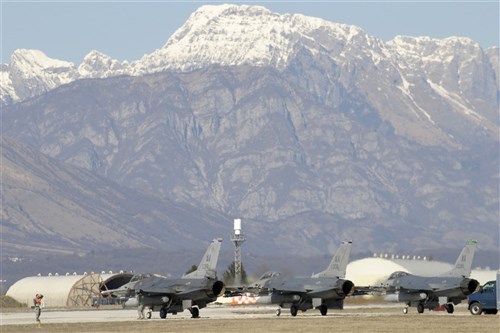 AVIANO AIR BASE, Italy (March 20, 2011) - U.S. Air Force F-16 Fighting Falcons return to Aviano Air Base, Italy, after supporting Joint Task Force Odyssey Dawn (JTF OD). JTF OD is the U.S. Africa Command task force established to provide operational and tactical command and control of U.S. military forces supporting the international response to the unrest in Libya and enforcement of United Nations Security Council Resolution (UNSCR) 1973.  UNSCR 1973 authorizes "all necessary measures" to protect civilians in Libya under threat of attack by Qadhafi regime forces.  JTF Odyssey Dawn is commanded by U.S. Navy Admiral Samuel J. Locklear, III. (US Army Photo by SSG Tierney P. Wilson/Released)