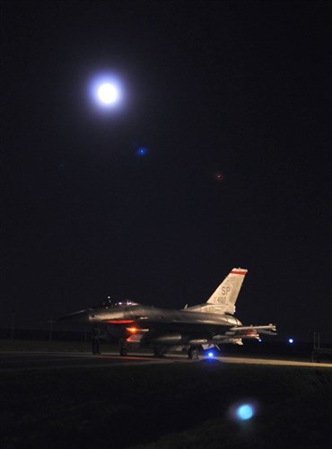 SPANGDAHLEM AIR BASE, Germany (March 18, 2011)  -- An F-16 Fighting Falcon from the 480th Fighter Squadron prepares for take-off from Spangdahlem Air Base in support of Joint Task Force Odyssey Dawn (JTF OD). JTF OD is the U.S. Africa Command task force established to provide operational and tactical command and control of U.S. military forces supporting the international response to the unrest in Libya and enforcement of United Nations Security Council Resolution (UNSCR) 1973.  UNSCR 1973 authorizes "all necessary measures" to protect civilians in Libya under threat of attack by Qadhafi regime forces.  JTF Odyssey Dawn is commanded by U.S. Navy Admiral Samuel J. Locklear, III. (U.S. Air Force photo by Senior Airman Nathanael Callon/Released)