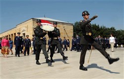 ANKARA, Turkey &mdash; Turkish soldiers carry a wreath on behalf of Air Force Chief of Staff Gen. Norton Schwartz and his wife Suzie during a wreath-laying ceremony July 19, in Ankara, Turkey. The ceremony honored Mustafa Kemal Ataturk, the founder of the Republic of Turkey, and took place at Anitkabir, Ataturk&#39;s memorial and mausoleum. Airmen from local Air Force units accompanied the general and his wife in the ceremony. The ceremony was the first event during General Schwartz&#39;s multi-day visit to Turkey. (U.S. Air Force photo by Senior Airman Ashley Wood)